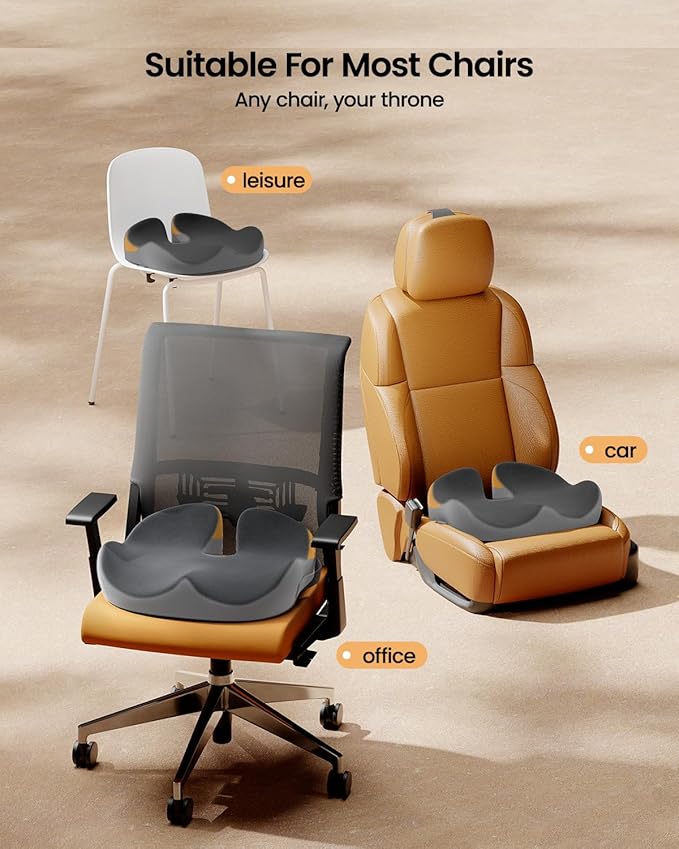 ProtoArc Seat Cushion, Office Chair Cushion for Sciatica, Coccyx Cushion, Ergonomic Memory Foam Seat Cushion for Car, Home, Pressure Relief Pad for Hip, Tailbone, All Day Comfort - Black&Gray