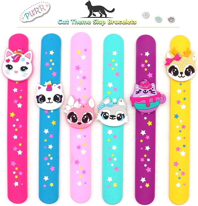Cat Theme Slap Bracelets Party Favors- Cat Silicone Wristbands (6pack) for Boys&Girls Birthday&Cat Theme Party Supplies Carnival Prizes Suit Classroom Exchanging Gifts