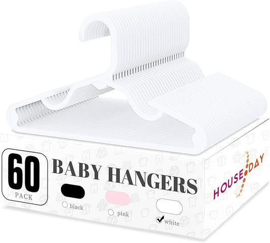 HOUSE DAY Plastic Baby Hangers for Closet 60 Pack, Durable Plastic Kids Hangers for Baby Clothes, Thin & Compact Childrens Hangers, Space Saving White Baby Hangers, Small Hangers for Kids Clothes
