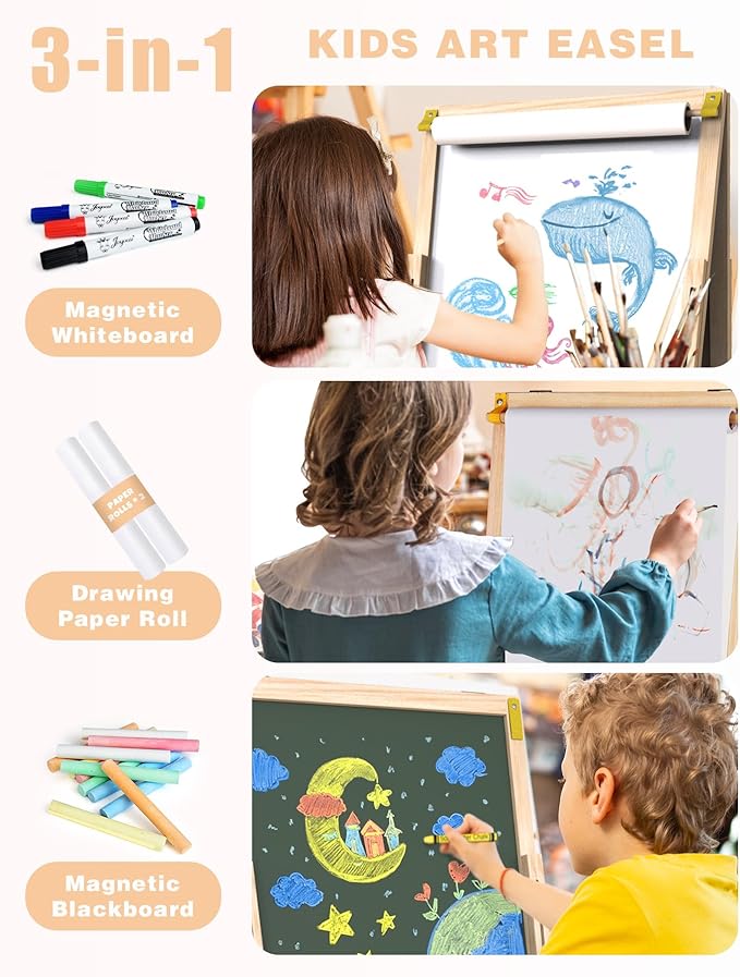 Joyooss Art Easel for Kids Easel, Kids Easel for Painting Wooden Whiteboard & Chalkboard Kids Art Easel, Toddler Art Easel One Get Many Kids Easel with Paper roll Art Easel for Kids Ages 2-4 4-8 8-12