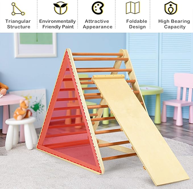 Costzon Foldable Climbing Toys for Toddlers, 3 in 1 Montessori Wooden Triangle Climber for Sliding & Climbing, Kids Indoor Climbers & Gym Play Structures for Boys Girls Gift Present