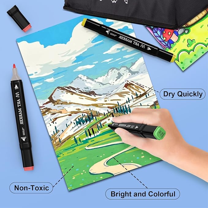 Alcohol Markers Set, 100 Colors Dual Tip Art Set for Kids Sketching Adult Coloring, Permanent Drawing With Case and Holders