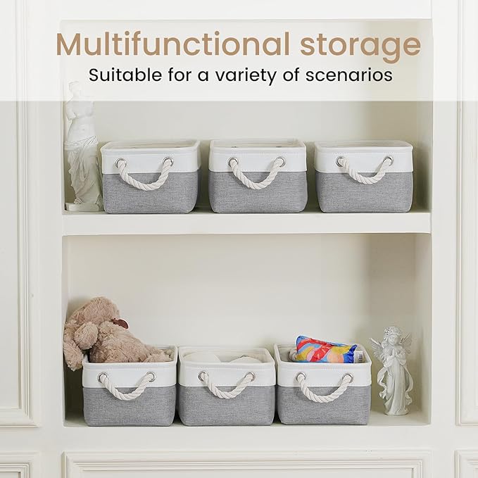 VQRTEXA Storage Baskets for Shelves 11.8x7.9x5.2 Inch, Foldable Fabric Storage Bins with Handles, Small Storage Baskets for Organizing Closet, Bathroom, Office, Home Organization (6-Pack, White&Gray)