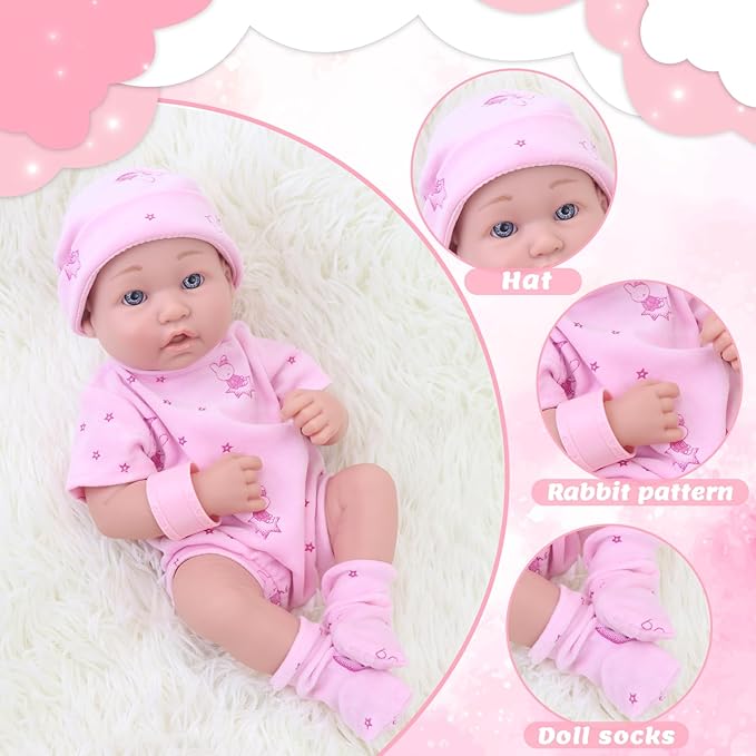 14 Inch Baby Doll with Clothes and Accessories Set, 12 Pcs Baby Doll Reborn Clothes and Accessories Include Alive Doll Clothes,Hat,Soft Doll Shoes and Socks,Ringing Toy,Bracelet,Feeding Bottle