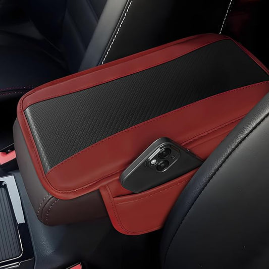 Hbxdeco Car Center Console Cover, 12.48"×7.4" Carbon Fiber Leather Auto Armrest Cover, Vehicle Armrest Cushion Pad with Storage Pocket, Universal Arm Rest Protector Car Accessories (Red)