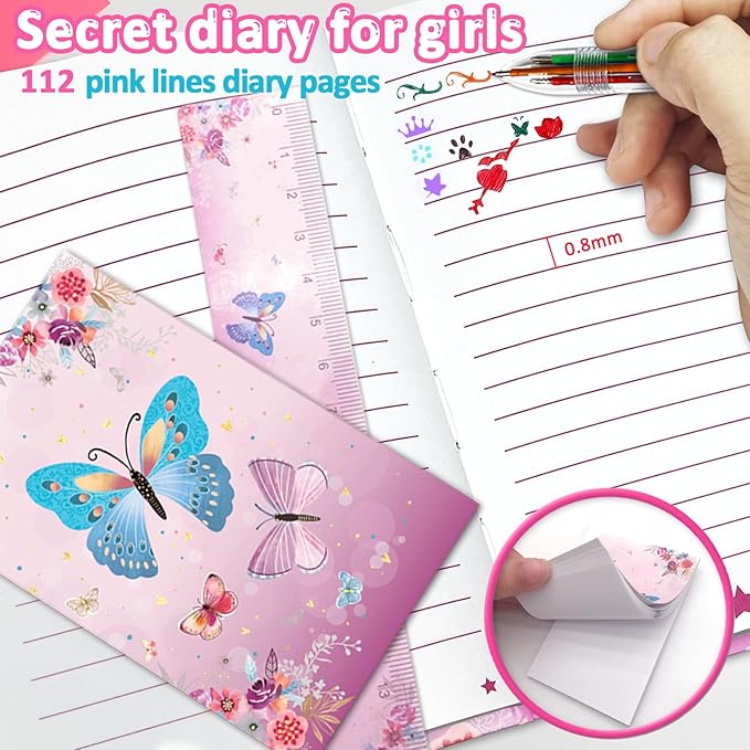 Butterfly Girls Diary with Lock, Set of Diary for Girls Incl. Kids Journal with Lock & Pen (6-Multicolor) Memo Ruler Sharpener Eraser Pink Girls Journal Writing Notebooks for Kids Gifts for Girls 6-8