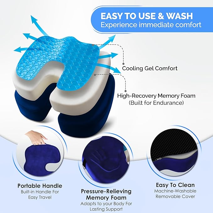 Gel Seat Cushion – Navy Blue Flannel Pillow with Velvet Removable Cover – Ergonomic Sponge Support for Office, Car & Home