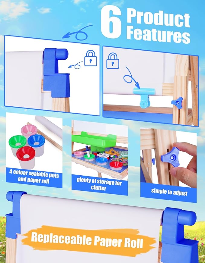 JOYOOSS Easel for Kids Art Easel Kids Easels for Toddlers,Wooden Kid Easel with Paper Roll - Adjustable Magnetic Double Sided Kids Dry Erase Board, Birthday Gifts for 1-12 Year Old Girls or Boys Blue