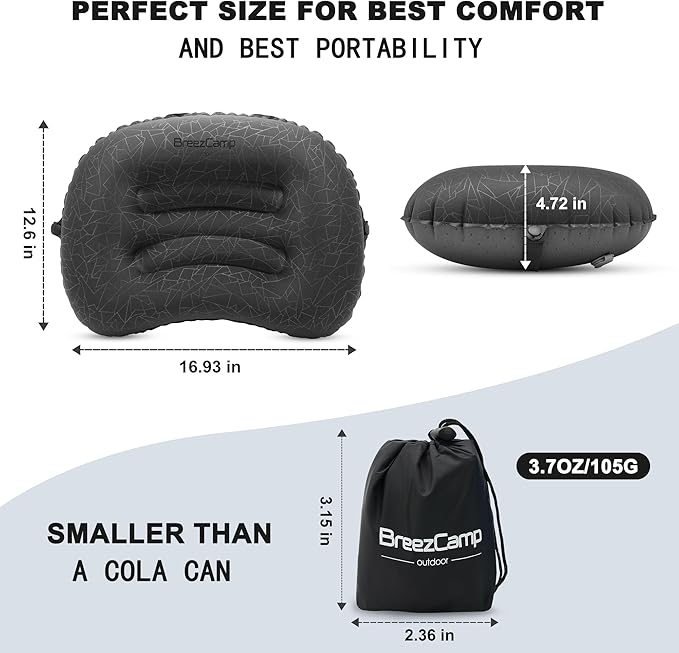 BreezCamp Inflatable Camping Pillow, Travel Blow Up Air Pillow, Neck Lumbar Support Ultralight Compact Pillow for Outdoor Hiking Backpacking Car Beach Airplane Sleeping Essentials, Black