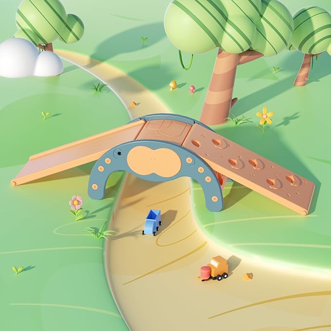 Children's Indoor Climbing Slideway Swing Playground 4-in-1 Function: Slide, Rock Climbing, Balance Board and Cradle Safe and Solid Montessori Toys Blue（1 Climbing Frame+2 Sliding Plate）