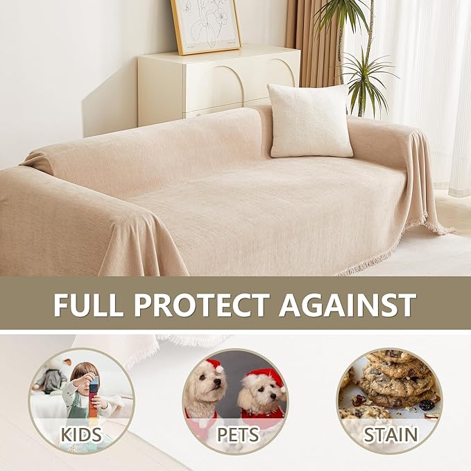 MYSKY HOME Dog Sofa Covers Khaki Couch Cover for 2 Cushion Couch Sofa Tassel Edge L-Shaped Sofa Slipcovers, Loveseat Couch Cushion Cover, Sofa Throw Covers, Furniture Covers for Pets, 91"x 118"