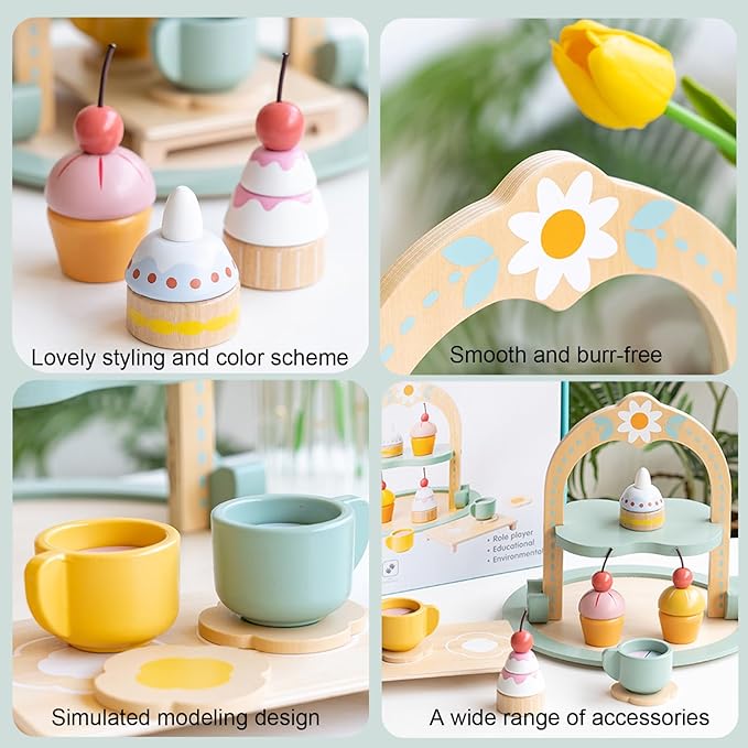 Garden Series Cake Toy Tea Party Set Desserts Food Toy with Cupcake Stand, Kids Pretend Play Kitchen Accessories, Wooden Play Food Set Toy Baking Gift for 3 4 5 Years Old Girls Boys
