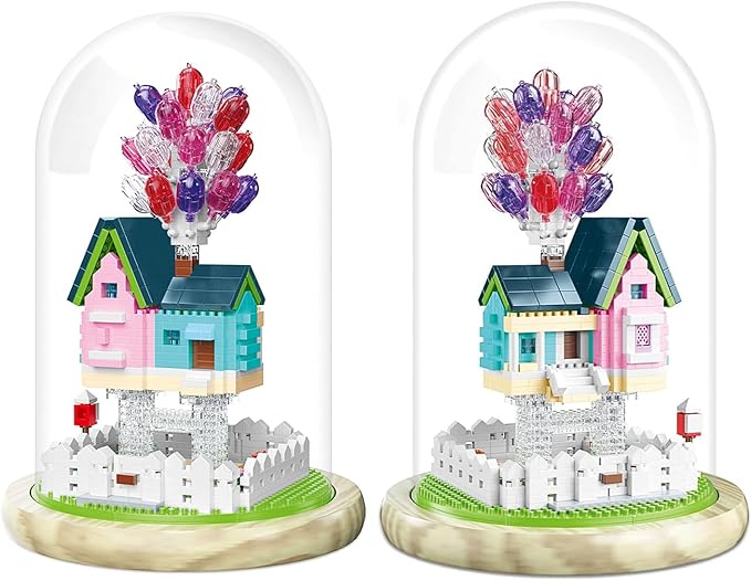 House Building Blocks Kit Toys Set, Miniature 1243 Pcs Micro Bricks Collectible Creative Teen Girl Gifts Age 14 and Up, Dust Cover, Wooden Base Up Balloon Castle Toys DIY Decoration Home