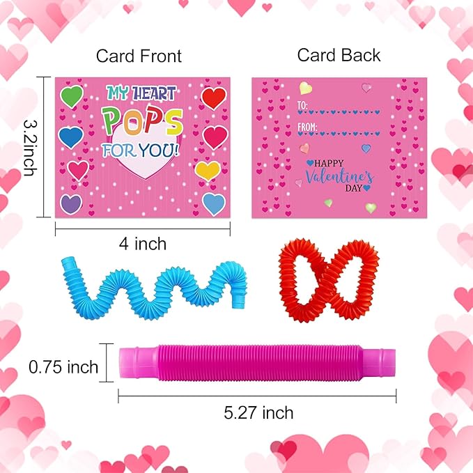 32 Pack Valentines Day Gifts for Kids, Valentines Day Cards for Kids with Pop Tubes, Stress Relief Fidget Toys for Valentine Classroom School Exchange Prizes Party Favors Supplies