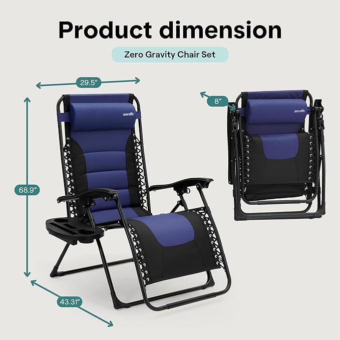 SereneLife Padded Zero Gravity Recliner Chair – Adjustable Foldable Lounge Chair with Side Table, Cup Holder & Headrest, Lockable Recline, Blue & Black, for Patio, Lawn, Camping, or Outdoor Relaxation