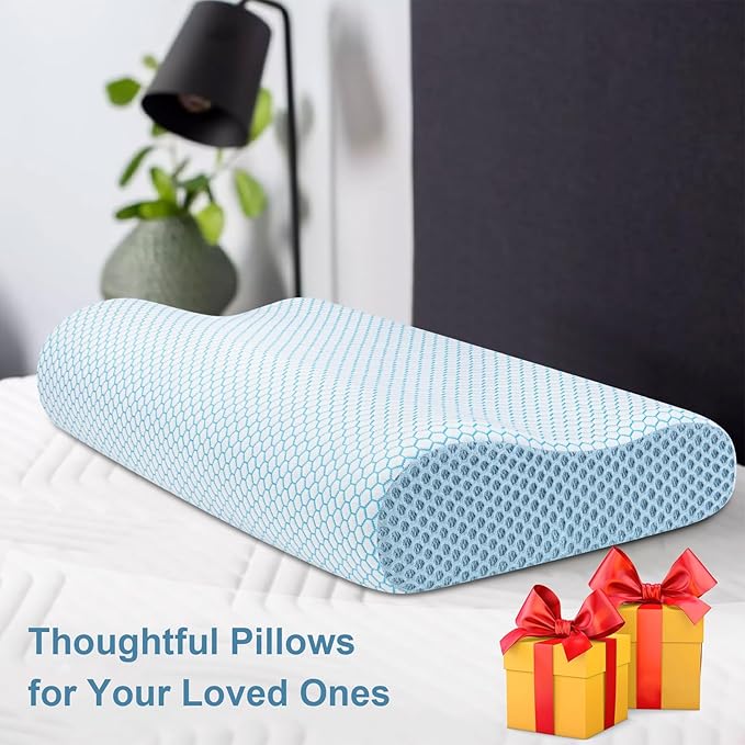 Anvo Memory Foam Pillow, Neck Contour Cervical Orthopedic Bed Pillow for Sleeping Side Back Stomach Sleeper, Ergonomic Design for Neck and Shoulder Pain Relief, Cyan, Firm