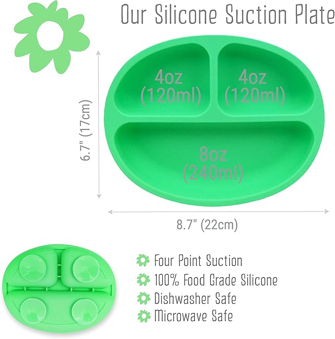 Elk and Friends Silicone Suction Plate for Babies/Toddlers + Stainless Steel Silverware Feeding Set | Divided Plate | Suction Design | Forks + Spoons Included | 3 Pack