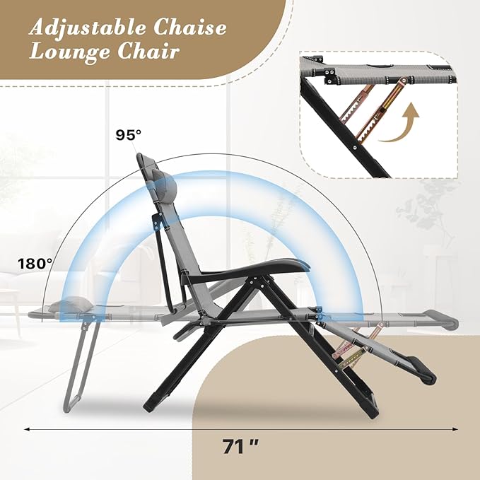 Athena Collection Zero Gravity Outdoor Lounge Chair Recliner Set of 2, 27" Width Reclining Pool Lounge Lawn Chairs with Headrest Foot Pad, Outdoor Chaise for Beach Patio Backyard Outside, Grey