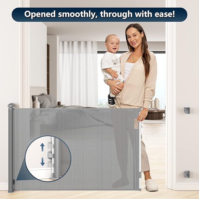 Bulubaky Extra Tall Safety Retractable Baby Gate Adjustable Wide Retractable Dog Gate Mesh Baby Gate Child Gate for Doorway, Hallway, Stair Gates for Kids or Pets (Grey, 33" Tall x 110")
