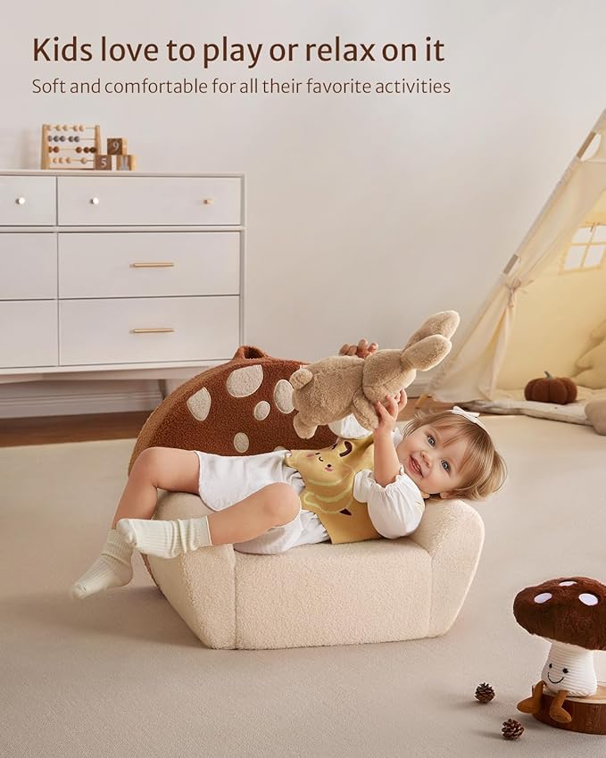 Blissful Diary Toddler Chair Comfy, Foam Kids Chair with Soft Teddy Plush, Toddler Reading Armchair with Cute Mushroom Designs- Brown