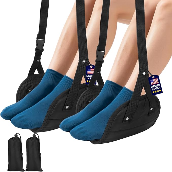 Ergonomic Airplane Foot Hammock(Memory Foam)-Ultimate Comfort Foot Hammock for Plane Travel Essentials to Relax Your Feet, Portable Airplane Foot Rest with Adjustable Strap 2-Pack