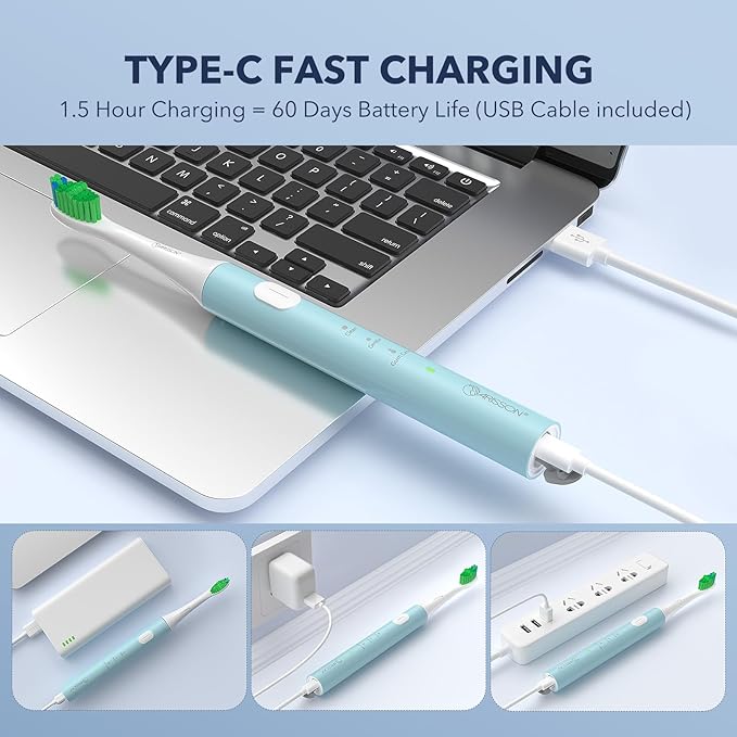 ARISSON Sonic Electric Toothbrush for Adults and Kids, 40,000 VPM Power Toothbrush, 1.5H Fast Charge Ultrasonic Electric Toothbrushes with 2 Minutes Smart Timer, White on Jet Stream