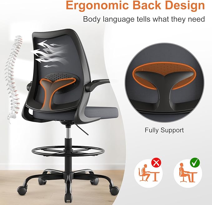 Tall Office Chair for Standing Desks,High Desk Drafting Chair with Adjustable Footrest Ring,Ergonomic Lumbar Support,Flip-Up Armrests for Home Office,Grey