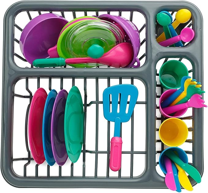 Kids Pretend Play Dishes Children's Kitchen Playset - Wash and Dry Tableware Dish Rack Toy with Drainer, Cups, Pots, Utensils (28 Pieces)