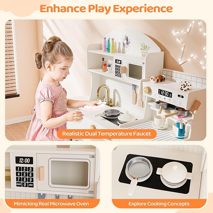 JOYMOR Kids Play Kitchen Sets w/Coffee Machine & Plenty of Play Kitchen Accessories, Wooden Kitchen Set Gift, Ideal for Creative Pretend Play for Toddlers, Girls & Boys (Cream&Gold)