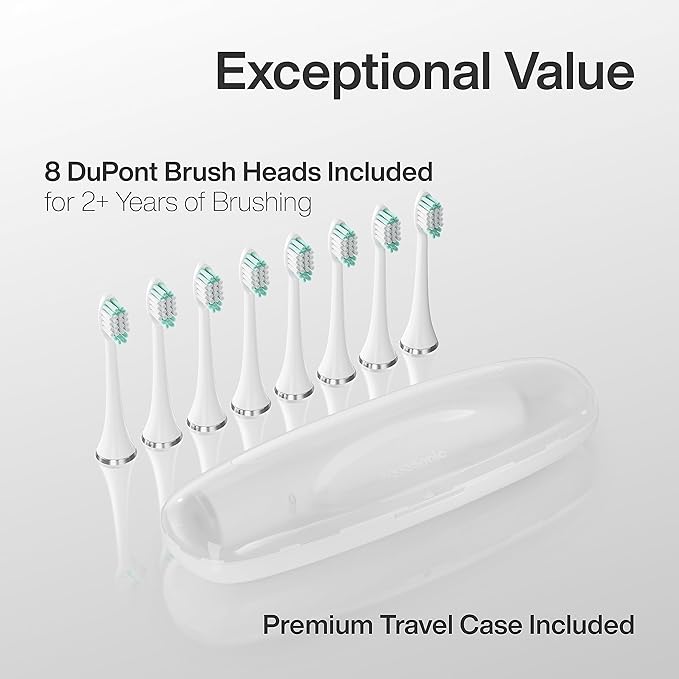 Aquasonic Vibe Series Ultra-Whitening Toothbrush – ADA Accepted Electric Toothbrush - 8 Brush Heads & Travel Case – 40,000 VPM Motor & Wireless Charging - 4 Modes w Smart Timer – Optic White