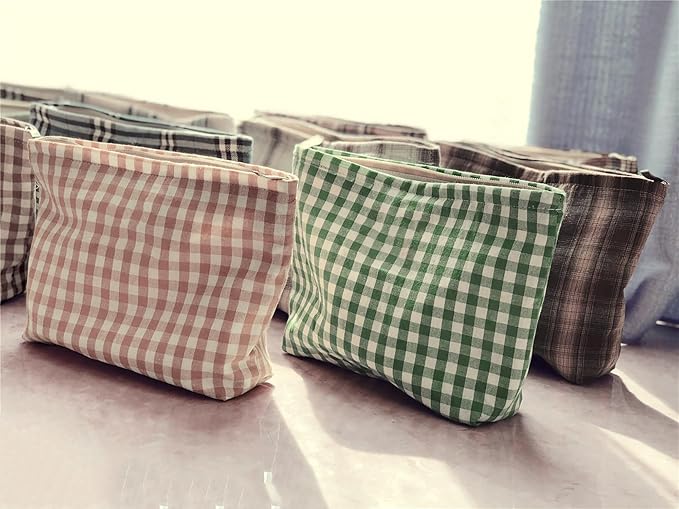 HAPPYHEIDI Khaki Gingham Cotton Makeup Bag Cosmetic Travel Pouch with Bottom, Make Up Purse Organizer, Zipper Closure, Canvas Lined…