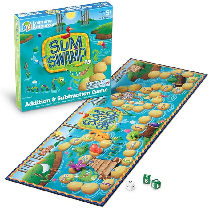 Learning Resources Sum Swamp Game, Homeschool, Addition/Subtraction, Early Math Skills, Math Games for Kids, Educational Board Games, 8 Pieces, Ages 5+, multi-color