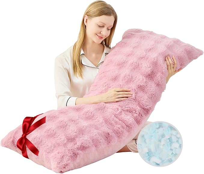 YZ HOME Faux Fur Fluffy Body Pillow for Adults - Firm Body Pillow Insert with Shredded Blue Memory Foam, Adjustable Height, Soft Support for Side Sleeping, Pregnant Women, Washable, 20x54 Inch (Pink)