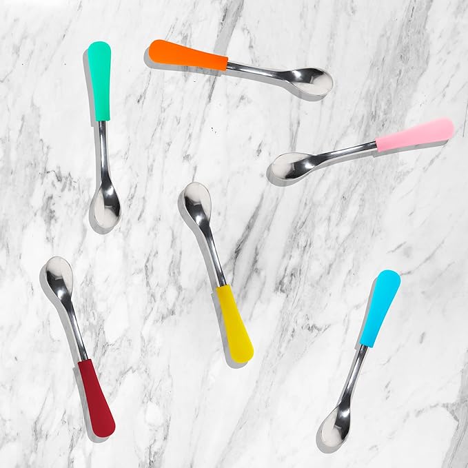 Avanchy Infant Baby Spoons Stainless Steel and Silicone Set, Self Feeding Food Utensils, 4 Months Baby Led Weaning, 2 Pack, Magenta