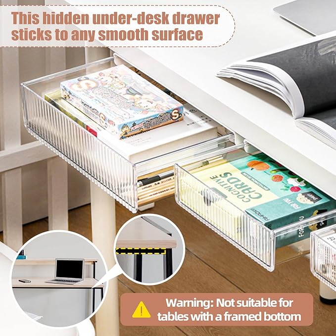 2Pcs Under Desk Storage Drawers Slide Out,Large&Medium,Stick On Drawers,Under Desk Organizer Hidden Under Table Drawer for Home Office School Organization and Storage-Clear White