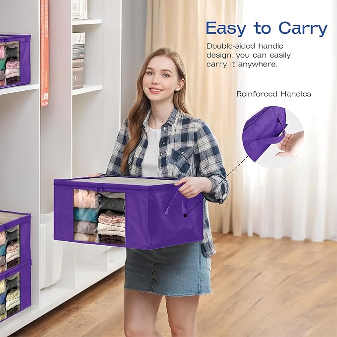 Clothes Storage Bags, Foldable Thick Fabric Blanket Storage Bags, Large Clear Window & Carry Handles, Great for Clothes, Blankets, Closets, Pillows, Toys (Purple, 4PACK)