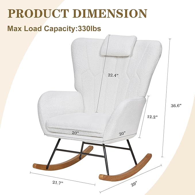 VECELO Rocking Chair Nursery with Thick Headrest, Modern Teddy Upholstered Reading Glider Rocker Accent Armchair with High Backrest, Padded Seat, Side Pocket, for LivingRoom, Bedroom, Baby Room, White