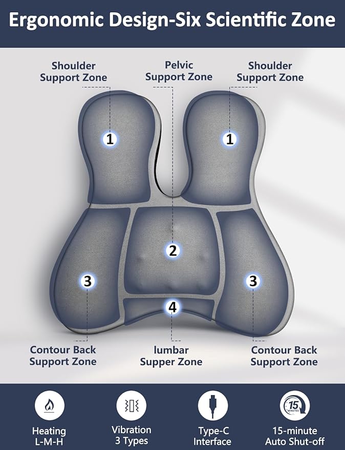 Lumbar Support Pillow for Office Chair,Heated Back Support Pillow with Vibration, Ergonomic Back Massage Pillow for Pain Relief, Memory Foam Lumbar Pillow for Car,Desk Chair,Gifts for Mom Dad