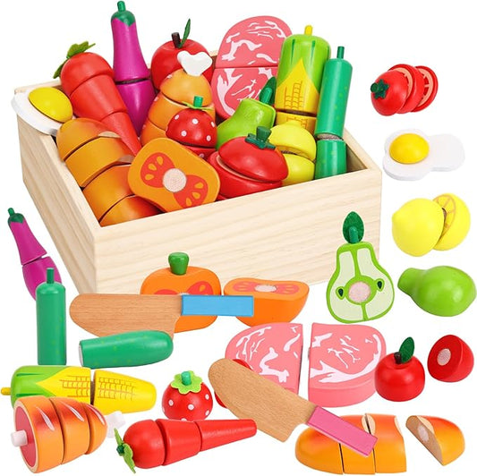 Holicolor 40pcs Wooden Play Food, Pretend Play Food Sets for Kids Kitchen, Cutting Fake Food Toy Educational Play Kitchen Food with Fruits and Vegetables for Toddler Birthday Gift