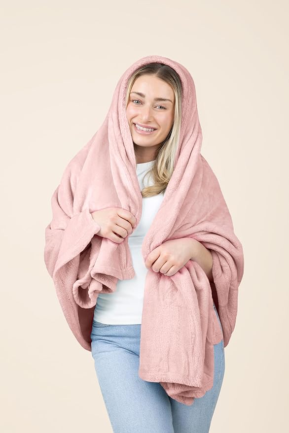 EverSnug Travel Blanket and Pillow - Ultra-Soft, Compact & Lightweight, 65x40 Inches, with Carry Case, Luggage Sleeve & Backpack Clip for Airplane Comfort (Light Pink)