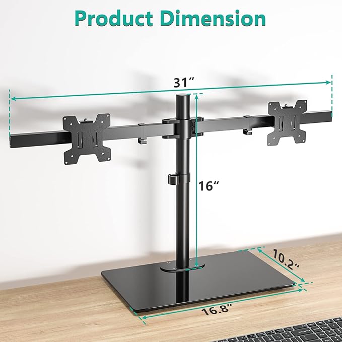WALI Free Standing Dual Monitor Stand, Height Adjustable Monitor Mount with Glass Base, Fits LCD LED Flat Curved Screen up to 27 inch, 22lbs, with Grommet Base (GMF002)