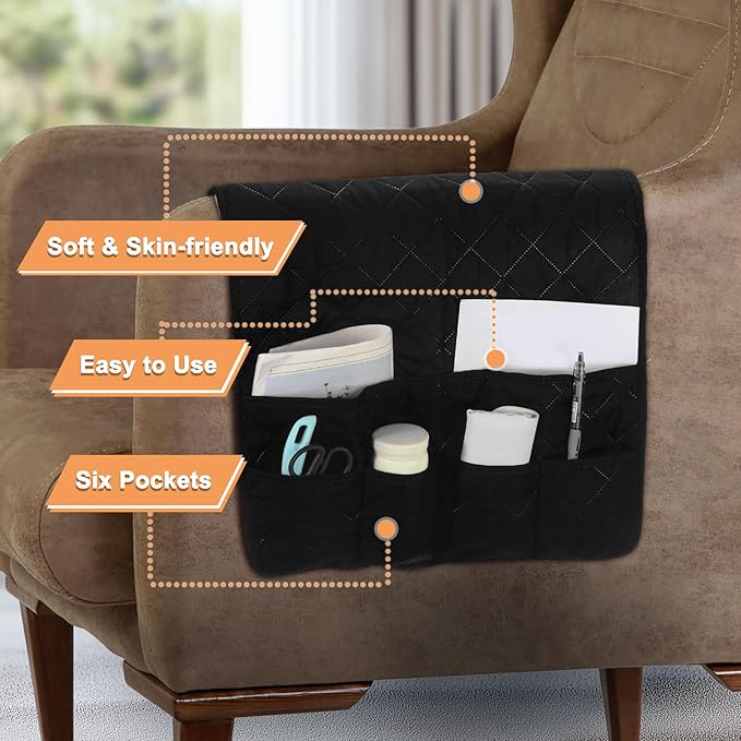 uxcell Couch Sofa Armrest Organizer Non-Slip Chair Arm Recliner Remote Control Organizer with 6 Pockets for Books, Magazines, Tablet, Phone, Black