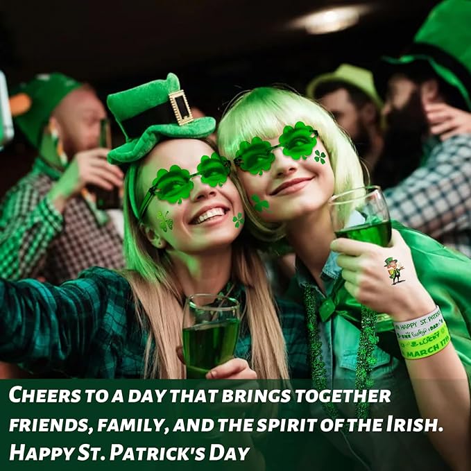 Homgaty 109 Pack St. Patricks Day Party Favors Set, Green Shamrock Glasses Beaded Necklace Bracelets Tattoos Stickers for St Patricks Day Irish Festival Decorations Supplies