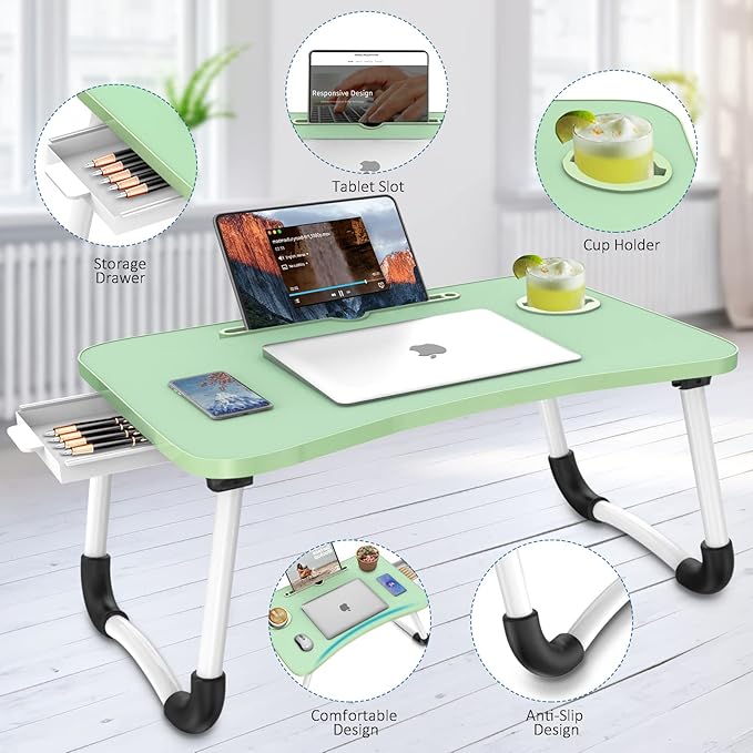 Zapuno Multi-Function Laptop Bed Table with Storage Drawer and Cup Holder, Lap Desk Stand Tray for Eating, Reading and Working