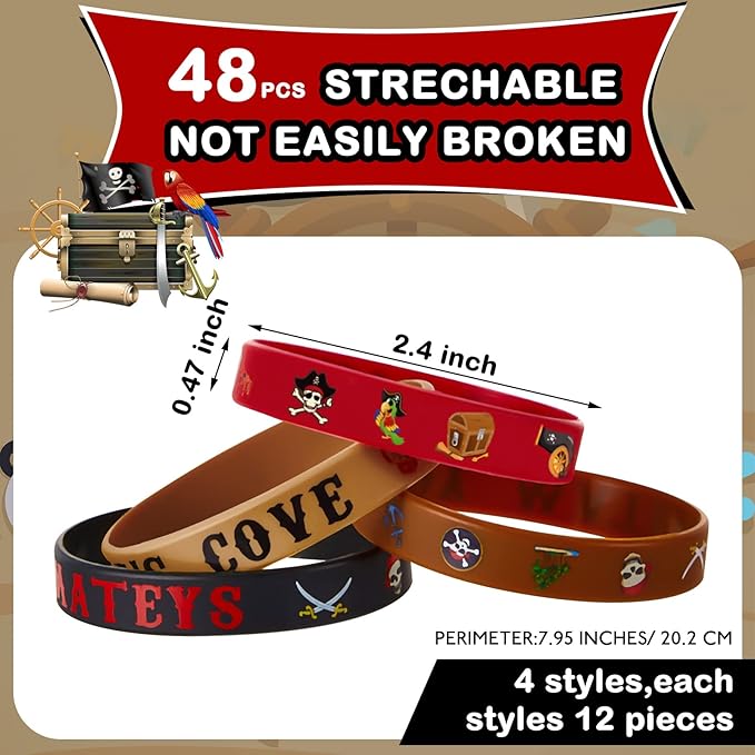 Leitee 48 Pcs Pirate Rubber Bracelets Pirate Party Wristbands Pirate Theme Party Silicone Wristbands Pirate Party Supplies Favors Pirate Accessories for Men Women Birthday Prizes, 4 Styles