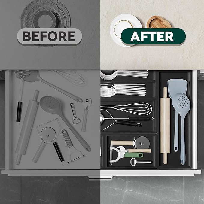 Lixple Bamboo Drawer Organizer, Small Silverware for Kitchen Drawer, Stackable Utensil Organizer, 2 Pcs Flatware Organizer, Wooden Storage Box Tray (Black, 6 X 3 X 2 Inch)