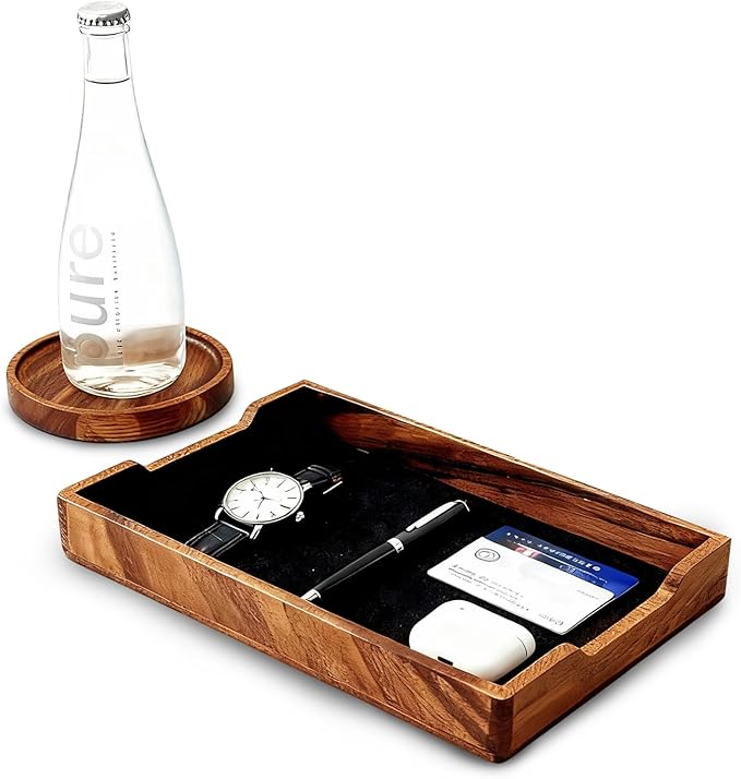 Moginno Walnut Desk Tray with Cup Coaster Set, Natural Wooden felt lined Desk Drawer Organizer for Keys, Pen, Watch, Home Office Desktop Accessories