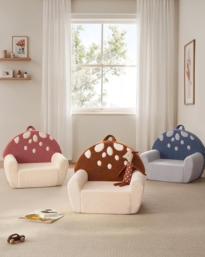 Blissful Diary Toddler Chair Comfy, Foam Kids Chair with Soft Teddy Plush, Toddler Reading Armchair with Cute Mushroom Designs- Rusty Red