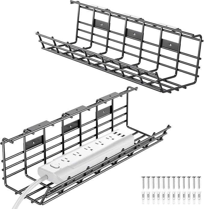 2 Pack DELAMU Under Desk Cable Management Tray, Large Metal Cord Organizer, Office & Home Cord Wire Management Under Desk Shelf, Easy Install Pre-drilled Cable Organizer, Black