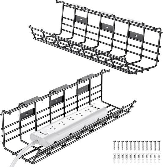 2 Pack DELAMU Under Desk Cable Management Tray, Large Metal Cord Organizer, Office & Home Cord Wire Management Under Desk Shelf, Easy Install Pre-drilled Cable Organizer, Black
